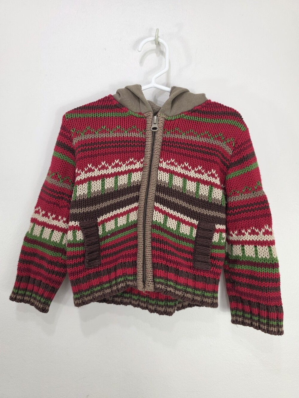 deux par deux Red, Green & Brown Fair Isle Hooded Zip Sweater